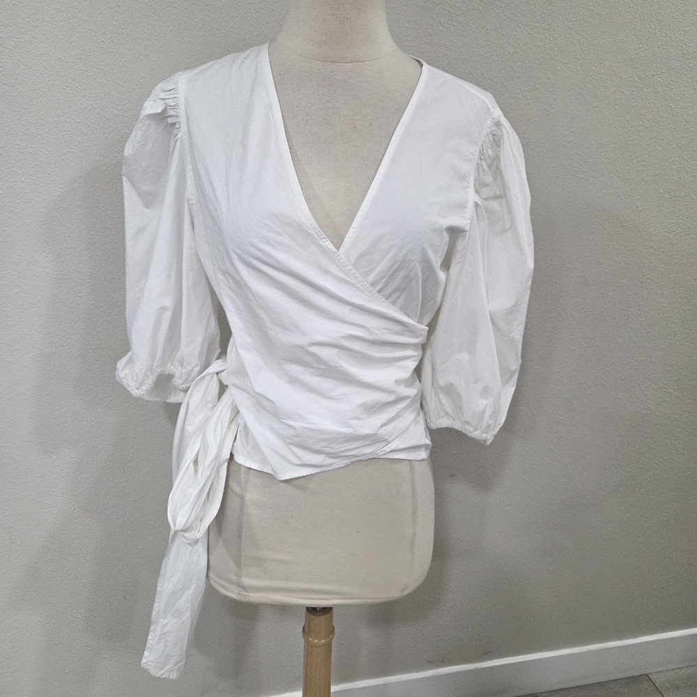 Ganni White Puff Sleeve Wrap Blouse